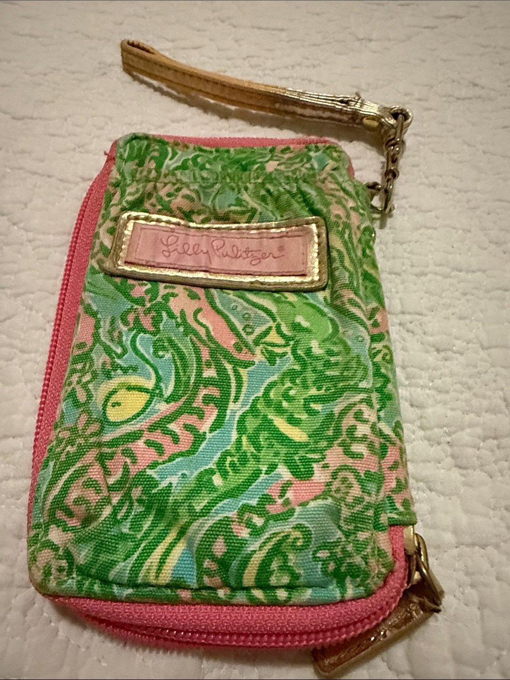 Lilly Pulitzer Green Pink Paisley Zip Wristlet with Gold Trim